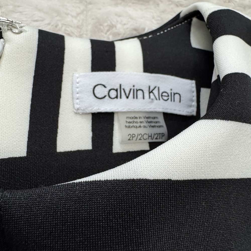 New CALVIN KLEIN 2 Petite Black White Cap Sleeve Scuba Sheath Midi Dress Belt - Picture 7 of 10
